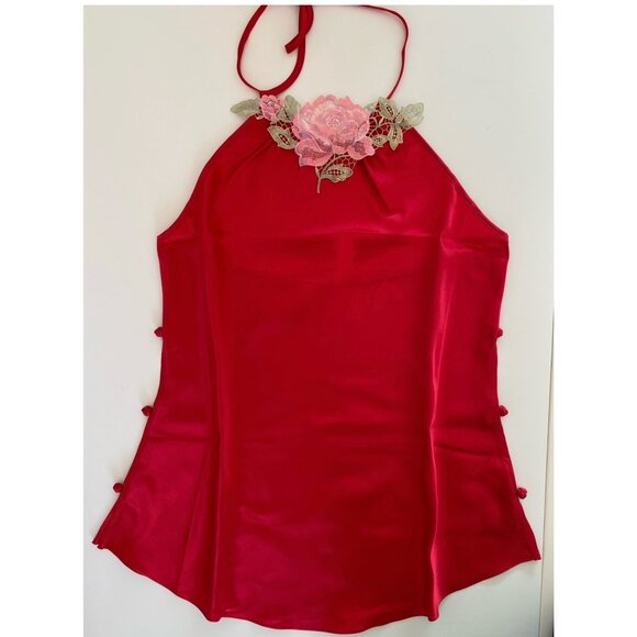 NWT Lingerie Silk Floral Halter Top Knot buttons Jewel Red - Picture 1 of 12